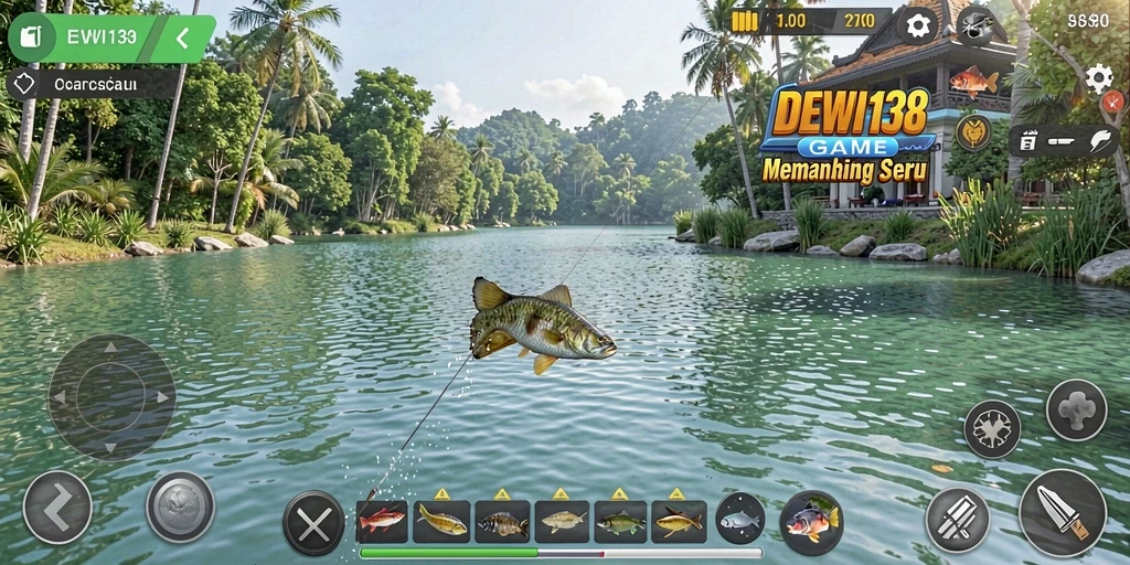 Screenshot gameplay DEWI138 dengan ikan besar yang ditangkap.