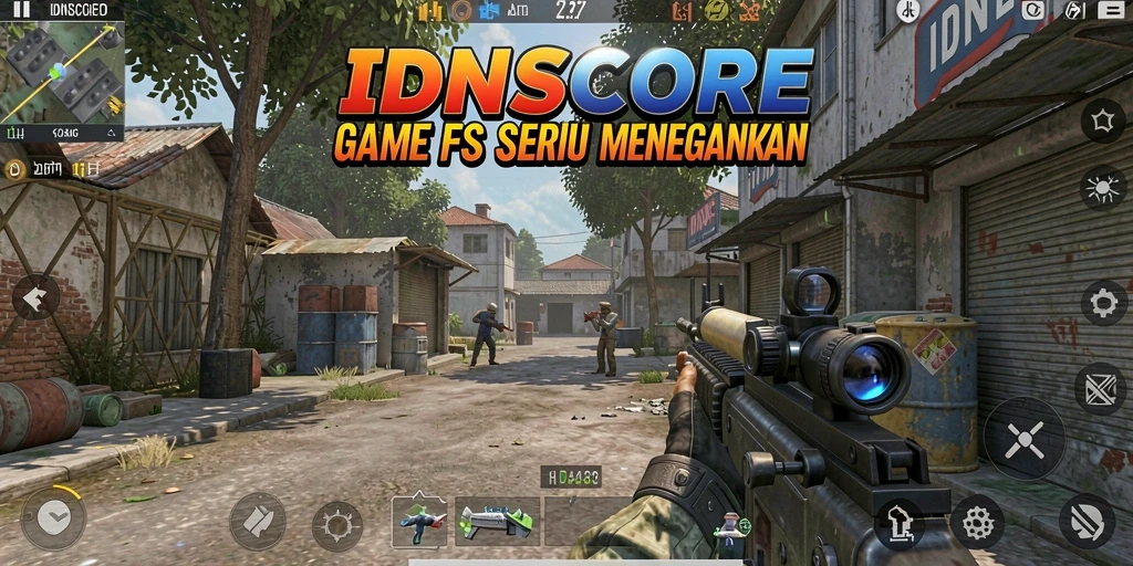 Screenshot IDNSCORE menampilkan aksi tembak-tembakan yang intens.