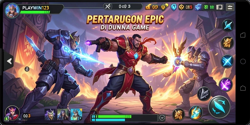 Tangkapan layar utama menunjukkan aksi pertarungan seru di PLAYWIN123.