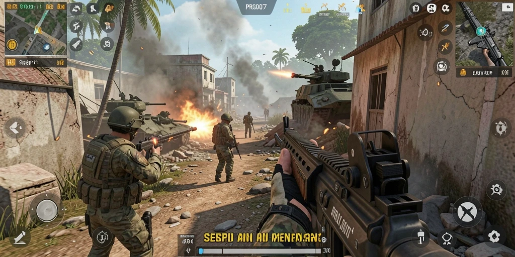 Tangkapan layar utama PRG007 dengan aksi intense di battlefield FPS.