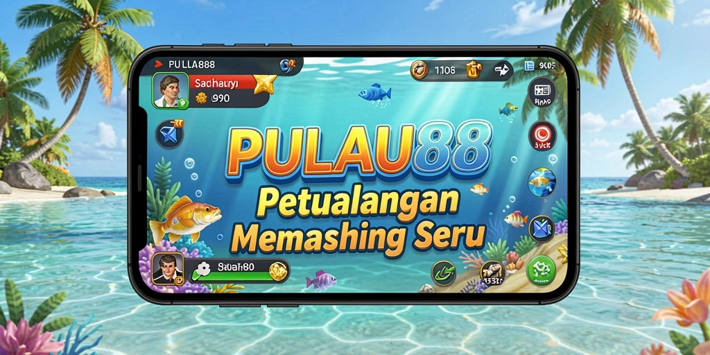Tampilan gameplay PULAU88 dengan karakter memancing dan latar belakang indah.
