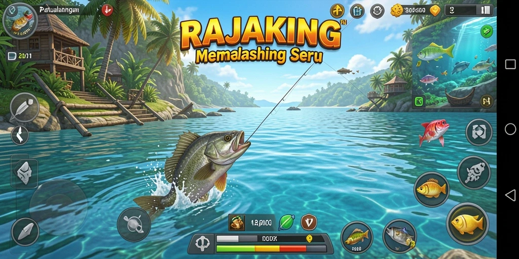 Screenshot gameplay RAJAKING menampilkan momen seru saat memancing.